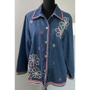 Floral Blue Jean Denim Shirt Jacket Size L Keren Hart Embroidered Shacket Blazer